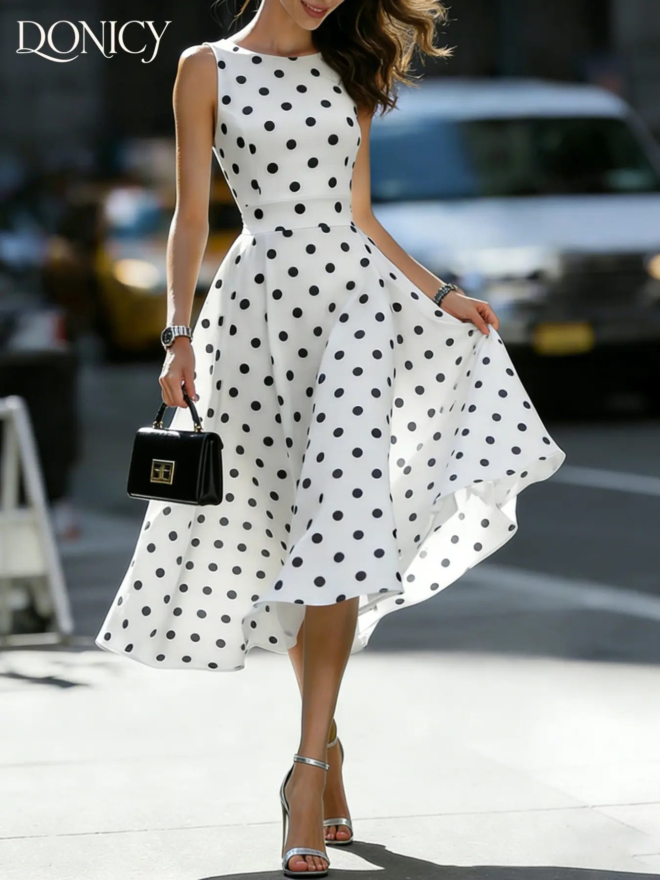 Women's Polka Dot Sleeveless Midi Knit Dress, Casual Slim-Fitting Round Neck, Summer Daily Wear, Vacation Style, Womenswear