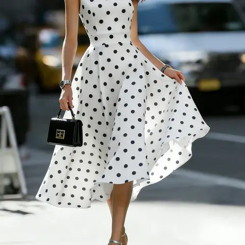 Women's Polka Dot Sleeveless Midi Dress, Fabric, Casual Slim-Fitting Round Neck, Summer Daily Wear, Vacation Style, Womenswear