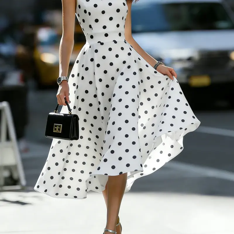 Women's Polka Dot Sleeveless Midi Dress, Fabric, Casual Slim-Fitting Round Neck, Summer Daily Wear, Vacation Style, Womenswear