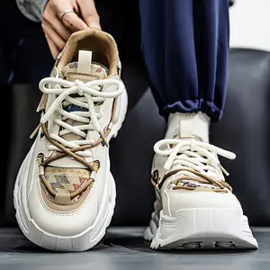 Men's Retro Thick-Soled Sneakers - Non-Slip EVA Sole, Off-White/White, Lace-Up Design, All-Season Casual Shoes, Suitable for Daily Wear, Gym, and Office - Odor-Resistant Low-Top Street Style, Retro Aesthetics, Secure Fit, Young People's Style