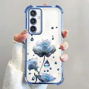 For [Galaxy S24 Fe] luxury women's phone case, electroplated four-corner shockproof protection, crystal clear blue flower with water drop design, sophisticated and eye-catching666