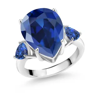 Gem Stone King 11.28 Cttw Blue Simulated Sapphire 3-Stone Ring For Women | 925 Sterling Silver | 16X12MM Pear Shape and 5MM Trillion | Three Stone Wedding Engagement Anniversary Promise Ring
