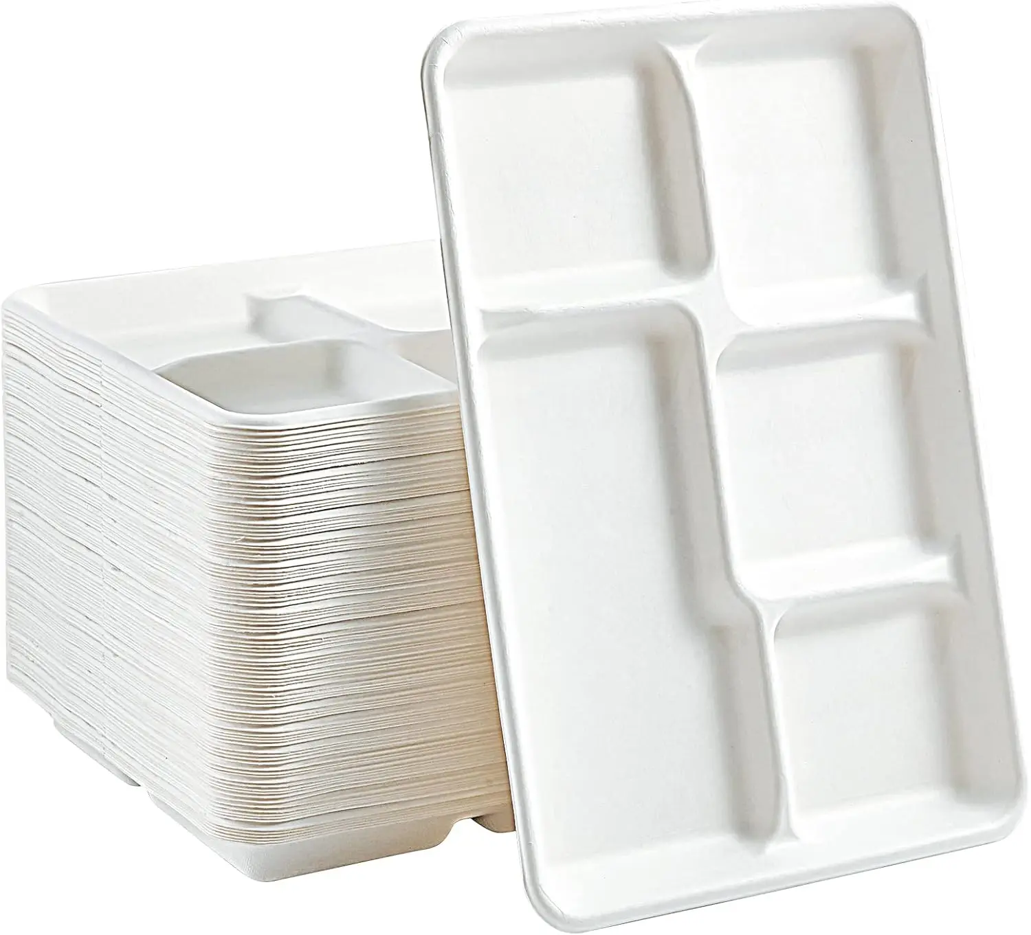 100% Compostable 5 Compartment Paper Plates, 100 Pack, 12.5 * 8.6 inch Disposable School Lunch Trays, Eco-Friendly Bagasse Plates for Buffet, and Party