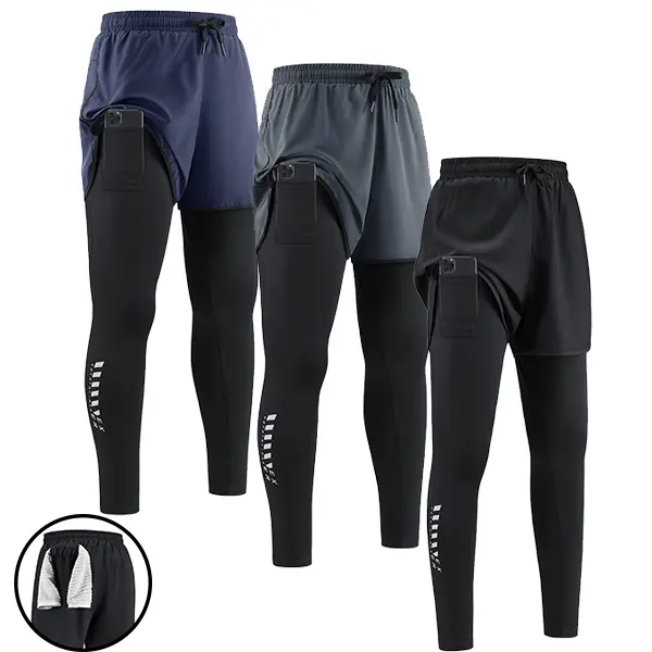 3-Pack Men’s 2-in-1 Running Shorts with Liner Quick-Dry Compression Pants Built-In Phone Pocket Elastic Drawstring Waist Fitness Training Jogging Athletic Pants Suitable for Gym and Various Sports