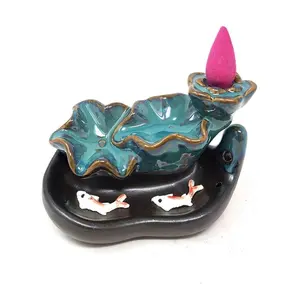 Lotus Waterfall Koi Design #3 Backflow Cone Incense Burner 4.5"W x 3"H