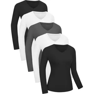 5 Pack Womens Basic Long Sleeve V Neck Shirts Slim Fitted Tight T Shirts Underscrubs Fall Casual Going Out Tops