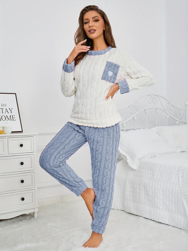 Women's Fleece Lined Sleepwear 2 Piece Set, Long Sleeve Pocket Top & Relaxed Fit Pants for Home Use, Autumn Winter Pajama Set