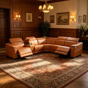 Modern Light Brown Top Breathing Leather 6-Piece Recliner Sofa Set, soft premium top leather material, wear-resistant and easy to clean, smooth multi-angle reclining function, elegant light brown tone, perfect for villa and large apartment home furnishing