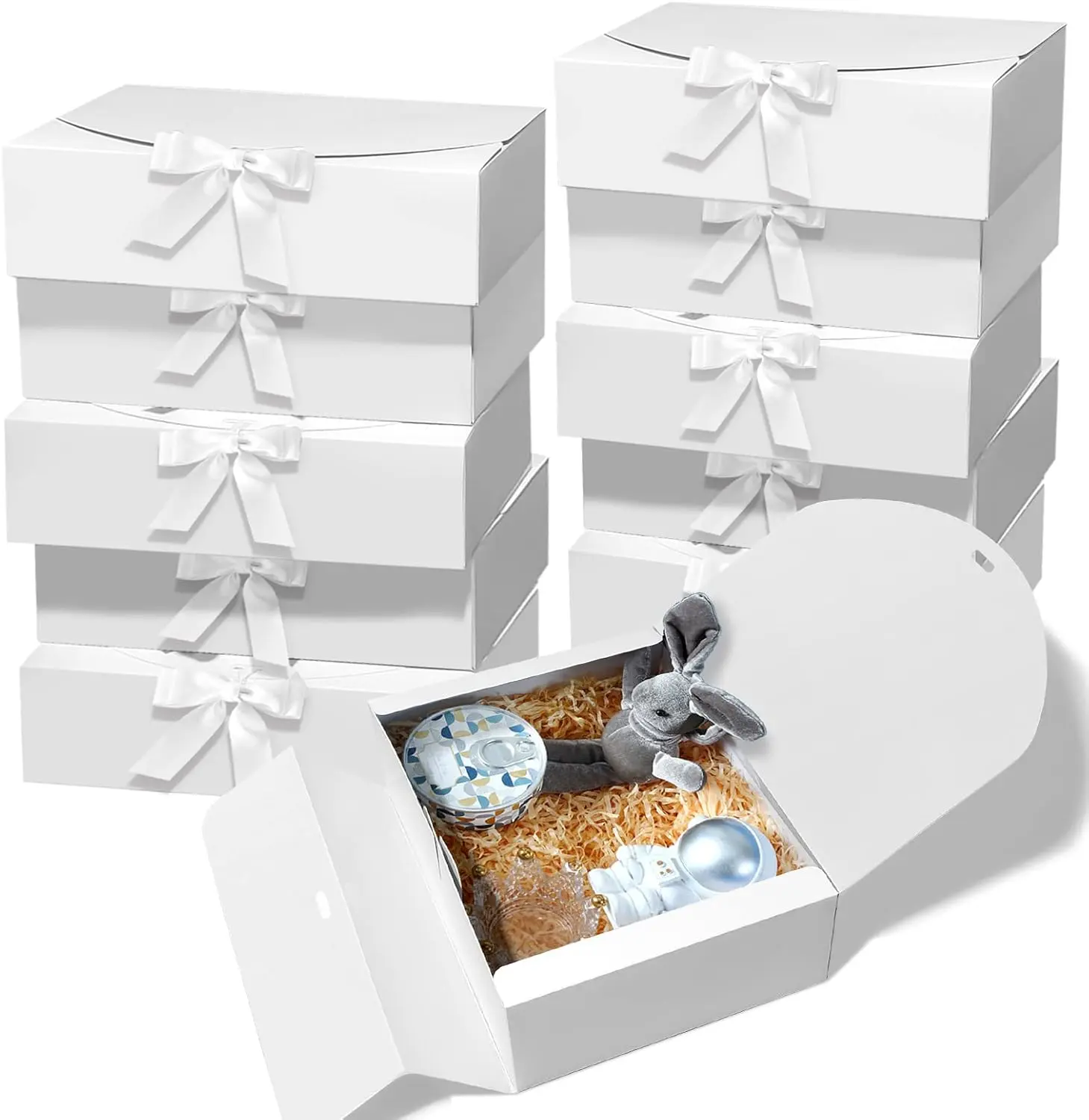 10 Gift Boxes with Lids, 10.6x7.8x3.1 Inch Kraft Paper Gift Box, White with Ribbon, Bridesmaid Proposal Box for Wedding, Packaging, Present, Birthday, Cupcake