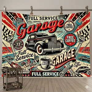 2D Door Banner,  Vintage Garage Service Station Polyester Photography Backdrop Flag, Full-Service Coffee Theme Party Background Tapestry, Indoor Outdoor Decoration, Multipurpose Studio Prop for Birthday and Holiday Parties, Garage Decorations