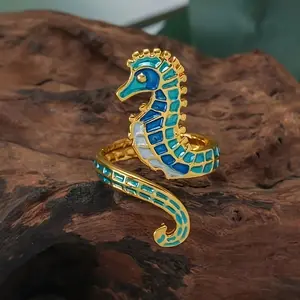 1 Ring  French Enamel Seahorse Open Finger Jewelry Ocean Series Original Design Bohemian Vacation Travel Style Accessory, Ideal Holiday Gift