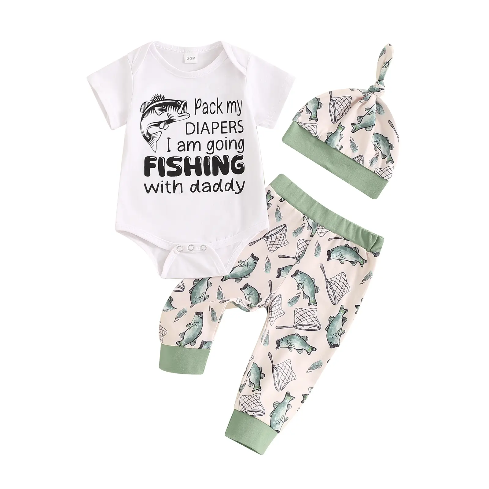 Newborn Baby Boy Summer Outfits Fishing with Daddy Short Sleeve Romper and Fish Pants with Hat 3Pcs Clothes Set