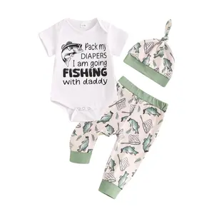 Newborn Baby Boy Summer Clothes Short Sleeve Fishing with Daddy Romper Fish Pants Hat 3Pcs Coming Home Outfit