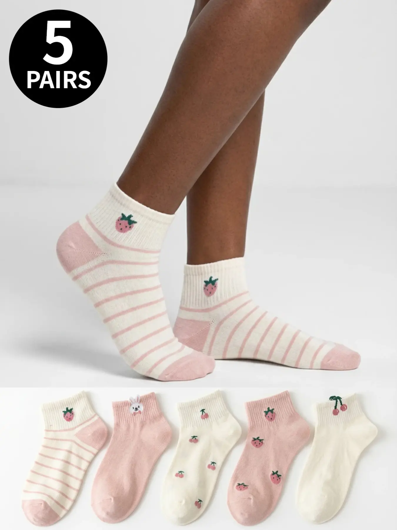 5 pairs of cute Striped strawberry light pink short socks for ladies, Womenswear, soft and comfortable, suitable for daily casual wear, Everyday, Cute Ankle Socks