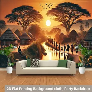 A 2D flat pattern depicting a peaceful village in Africa as the sun sets. Polyester banner, suitable for parties, easy to hang as a background, suitable for living rooms and bedrooms.