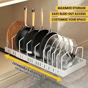 Expandable Slide-Out Pot & Pan Organizer | No-Drill Nano Adhesive Install | 10 M-Shaped Adjustable Dividers for Kitchen Cabinets & Pantries