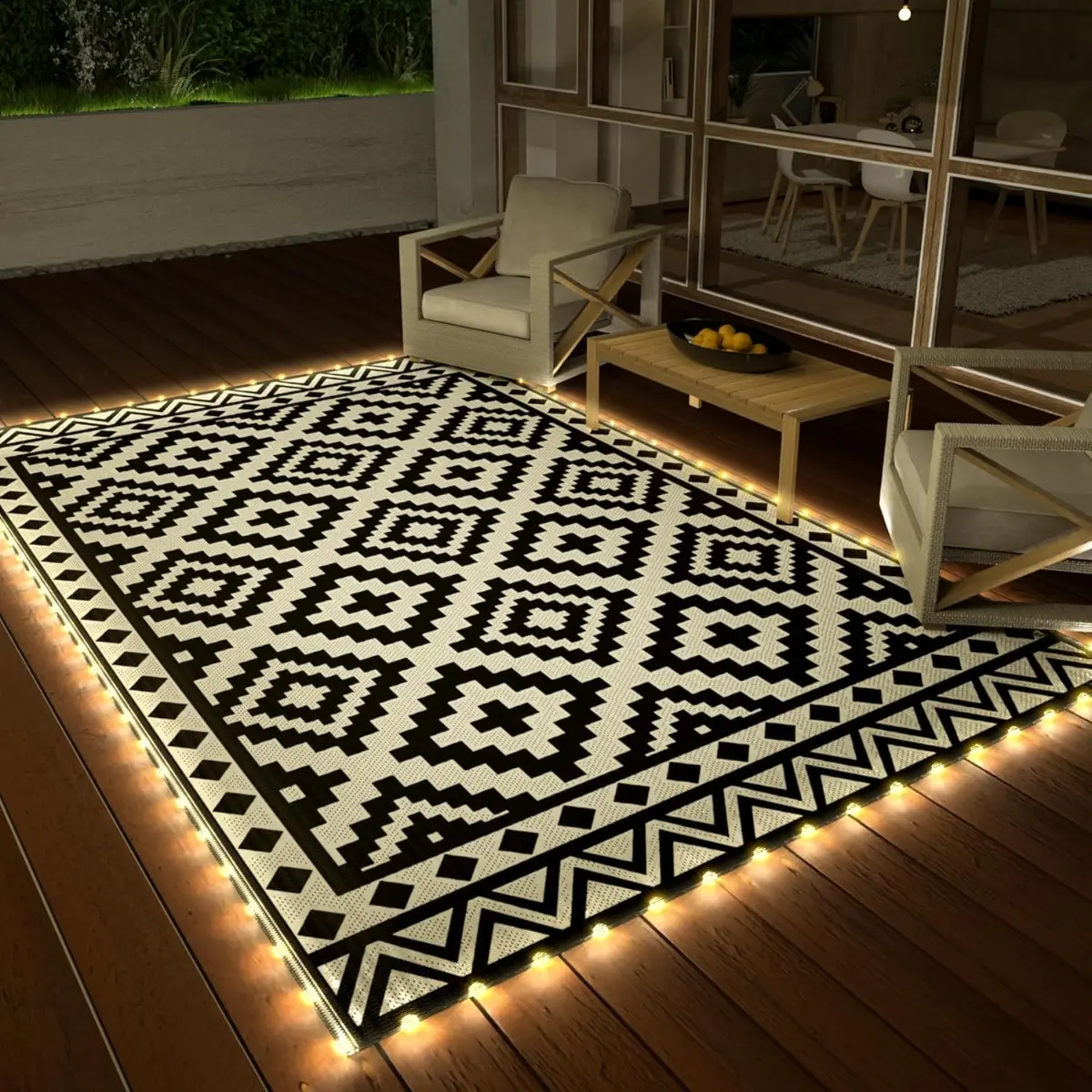 5'X8' Outdoor Rug Waterproof With LED Strip Light, Reversible Outdoor Plastic Straw Rug, Patio Rug With 4 Rug Stakes, Outdoor Carpet Mat For RV,Camping,Beach,Porch,Balcony, Black&White