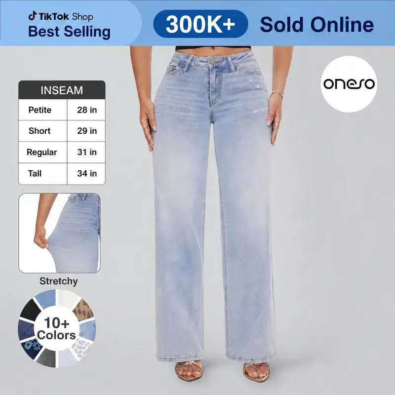 【4 Lengths】Magic ONESO Mid-low Rise Baggy BBL Jeans Stretchy Wide Leg Tummy Control Plus Size Regular Size Denim
