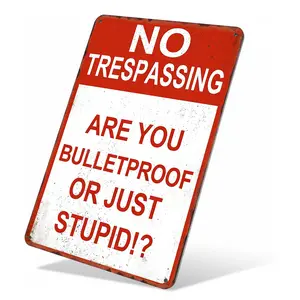 "No Trespassing - Are You Bulletproof Or Just Stupid!?" Retro Distressed Aluminum Sign, Funny Warning Decor for Yard, Fence, Outdoor & Home, 8×12 Inch, Waterproof & Rust-Free, Ideal for Property Security & Gag Gift