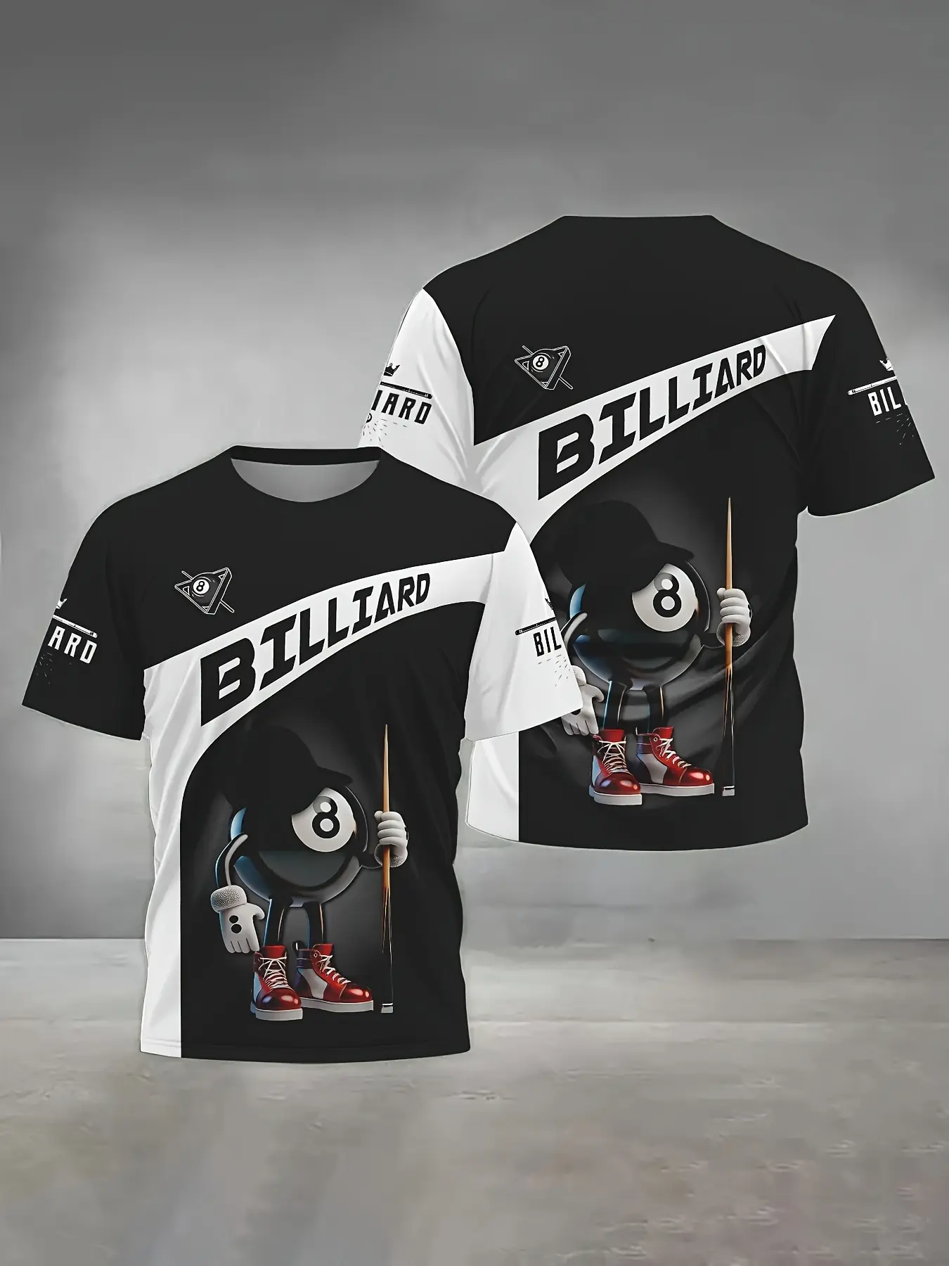 Men's Billiard Pattern T-Shirt, Cartoon Ball Design, 3D Print Graphic Athletic Casual Short Sleeve, Lightweight Knit Fabric, Sporty Fit