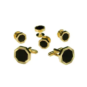 Black Octagon Onyx with Gold Feathered Edge Studs and Cufflinks Set