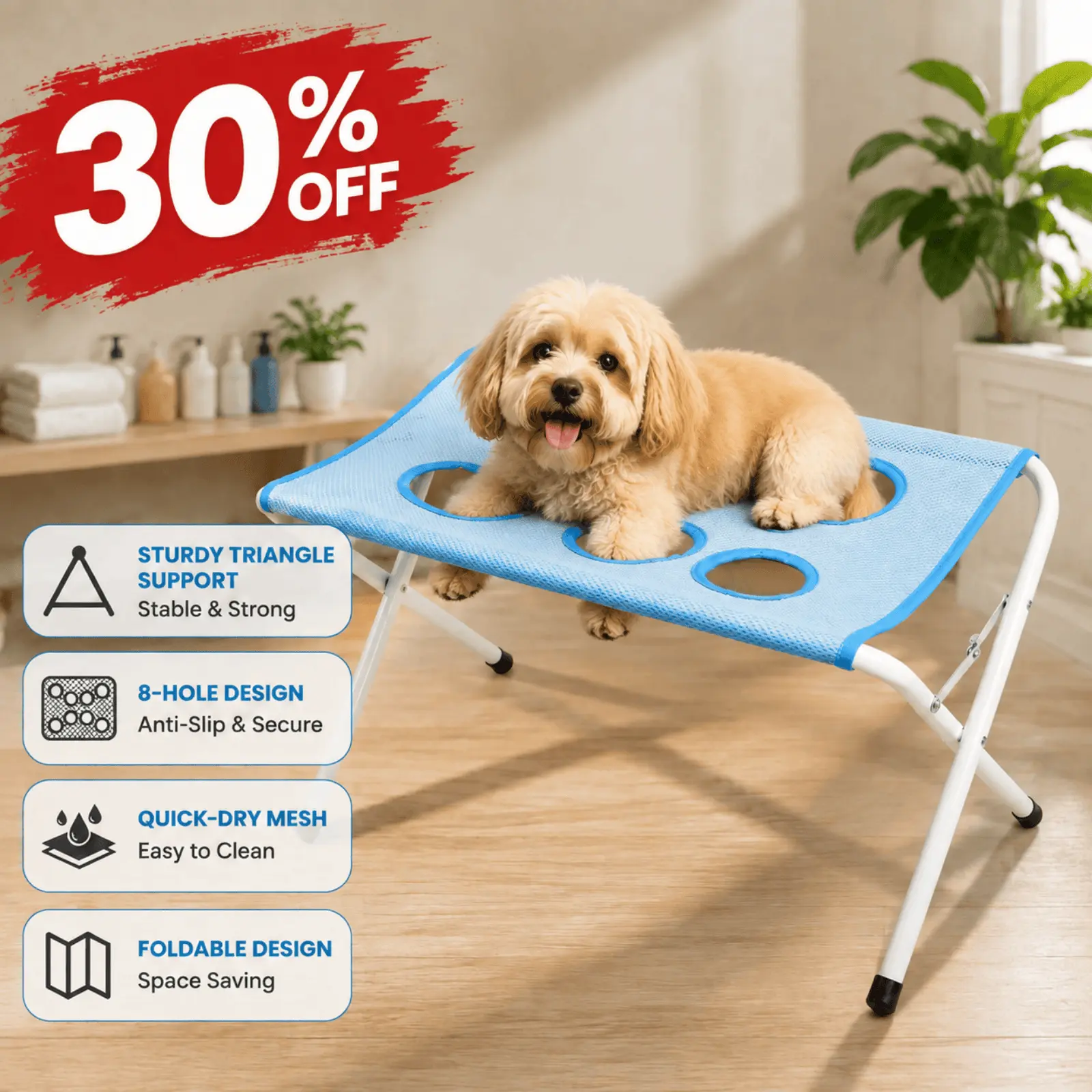 Dog & Cat Grooming Hammock with Foldable Frame, Mesh Pet Bathing and Nail Trimming Support Table, Portable Paw Hole Grooming Station for Small Medium Dogs