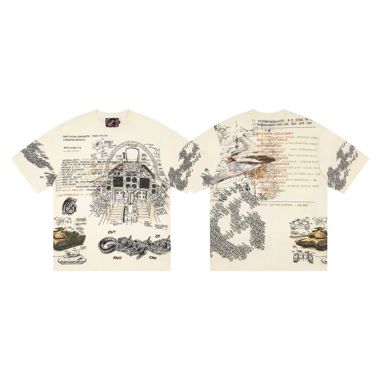GODSPEED Unisex Graphic T-Shirt, Cotton Short Sleeve Crew Neck Tee, Y2K Streetwear Oversized Casual Top, Skull Vacation Print, Military Aircraft Blueprint Design, Men Women Summer Hip Hop Shirt