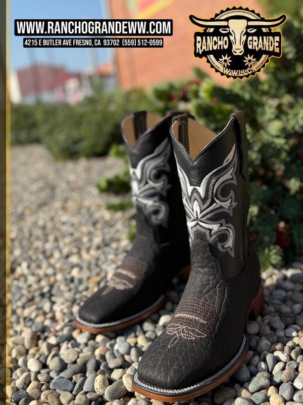 Genuine Bull Neck Leather Square Toe  Boots Black color / Botas de Cuello de Toro color Negra