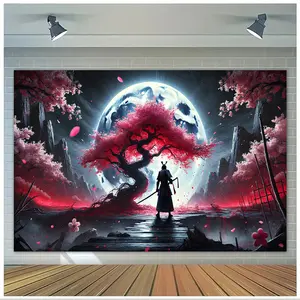 1pc Samurai & Crimson Maple Moonlit Night Persian-Inspired Polyester Backdrop, 8x6ft - Vibrant, Reusable Wall Decor for Weddings, Birthdays, Anniversaries - Ideal for Photo Booths, Indoor & Outdoor Events