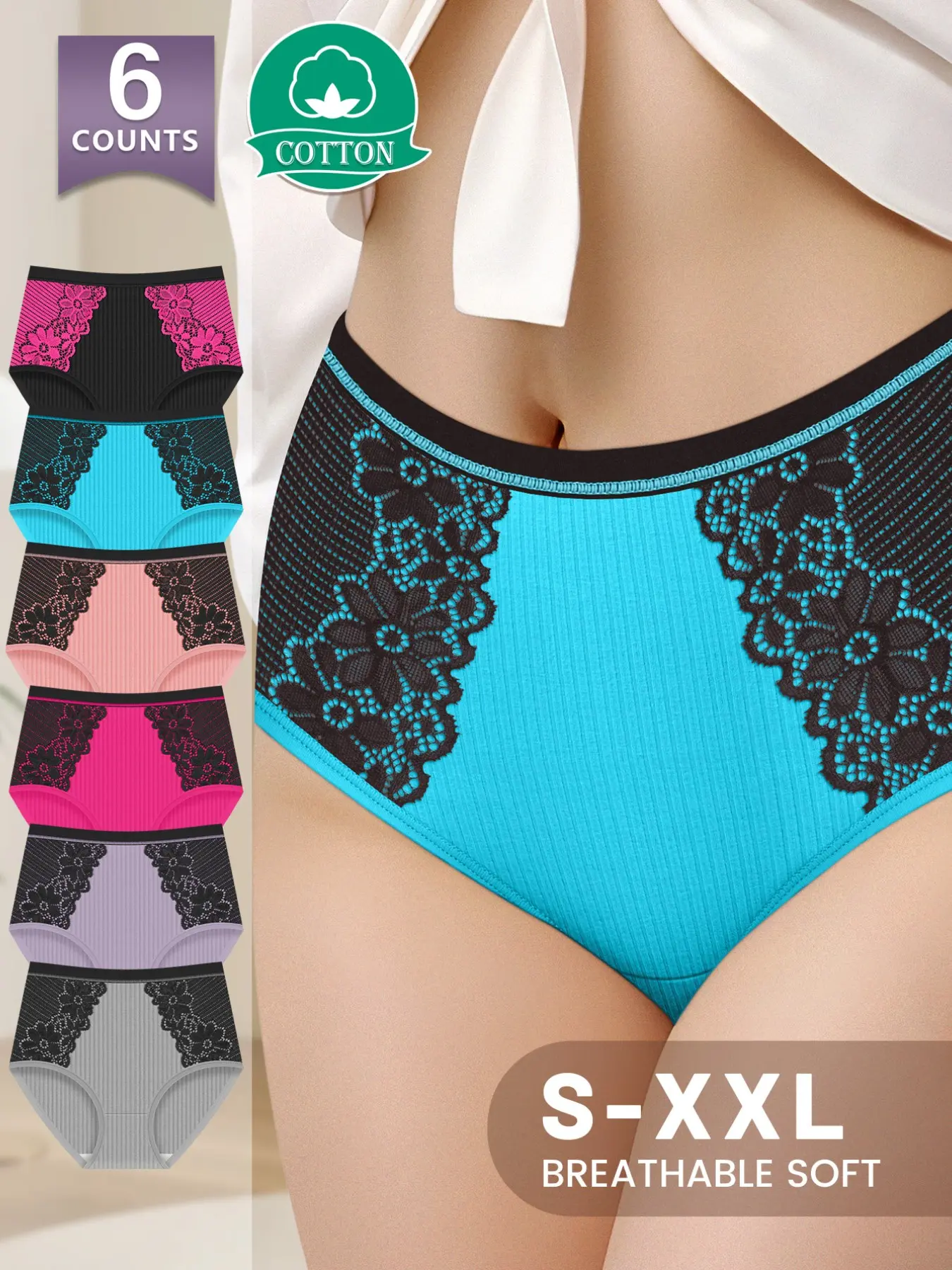 【Soft Cotton】 Morelect Underwear Set, 6 Pcs Fitted High-Waist Triangle Pants, Breathable & Stretchy, Comfortable All Seasons Wear