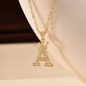 Crown A-Z Initial Zircon Necklace Personalized Alphabet Pendant Jewelry for Women Men Couples Stylish Everyday Party Gift