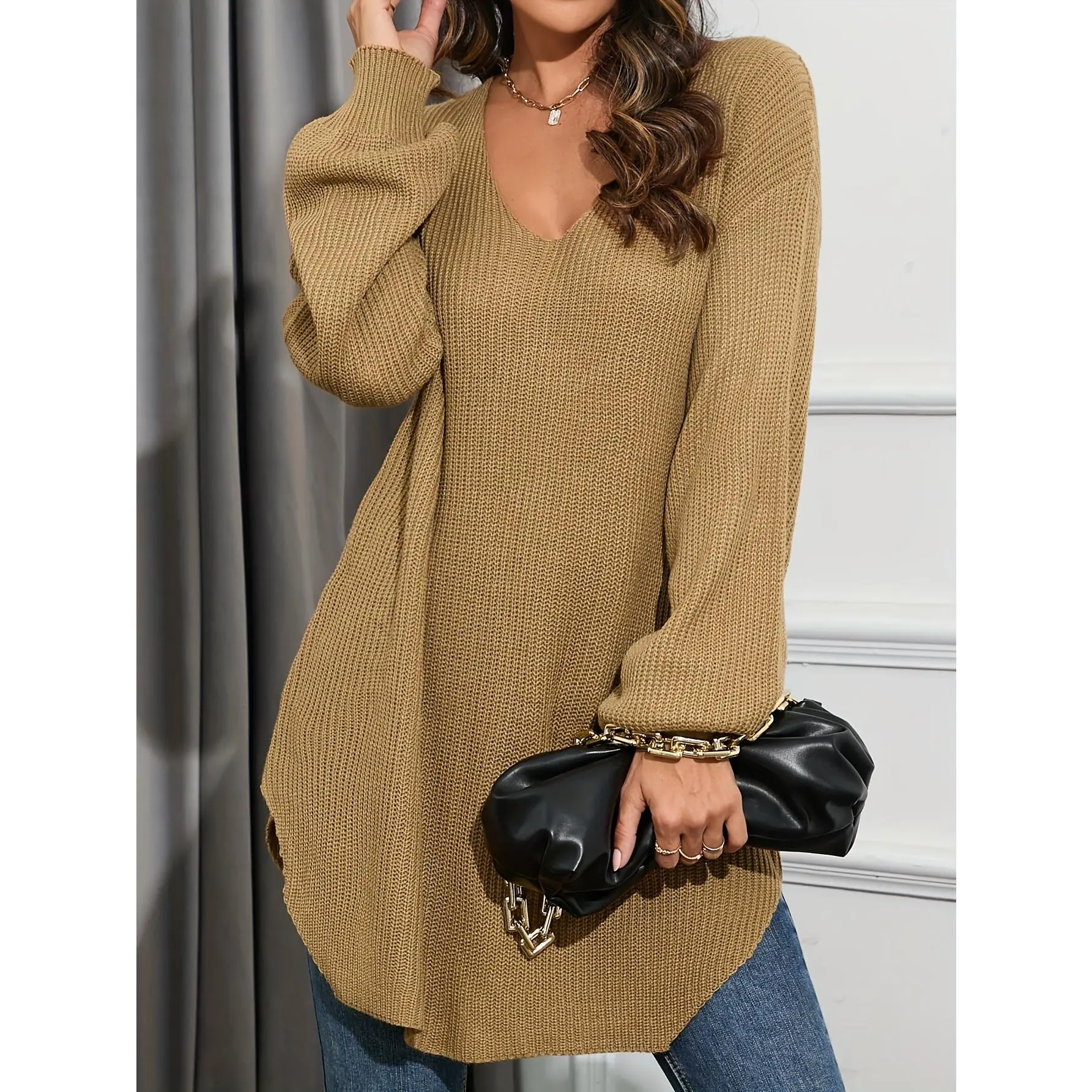 Long Length Split Crew Neck Sweater - Vacation Style Long Sleeve Sweater For Fall & Winter - Women's Clothing - Cozy & Stylish - Perfect for Casual Wear & Travel - Ideal Gift for Women