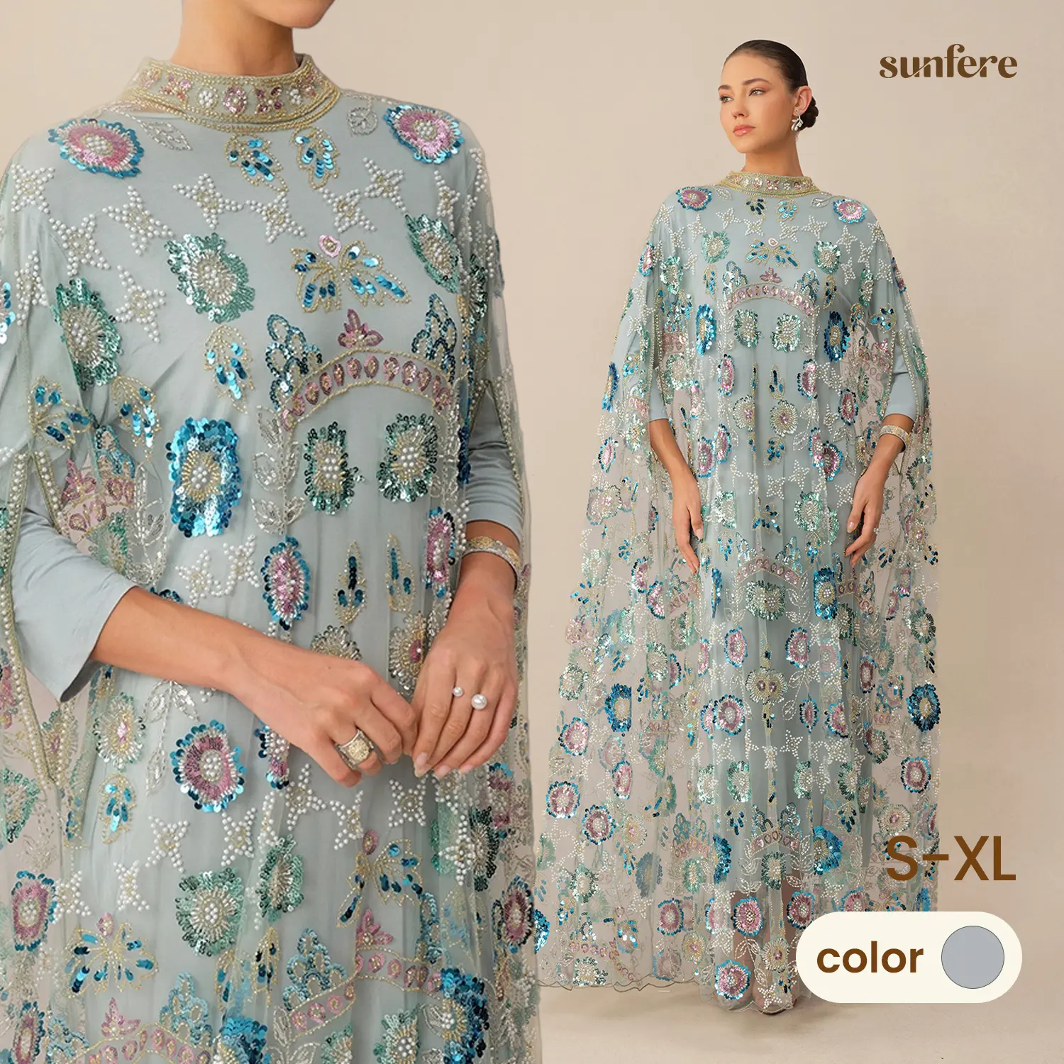 Sunfere Floral Sequin Cape Maxi Dress - High Neck Sheer Mesh Elegant Luxurious, Formal Wedding Guest Evening Party
