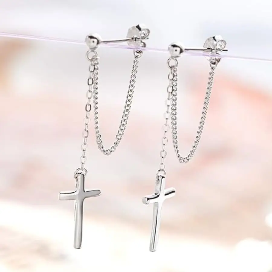 Women's Fashion Dangle Earrings - Unique Punk Cross Chain Dangle Ball Stud Earrings, Statement Costume Jewelry Accessories, Chain-Based Earrings, Birthday
