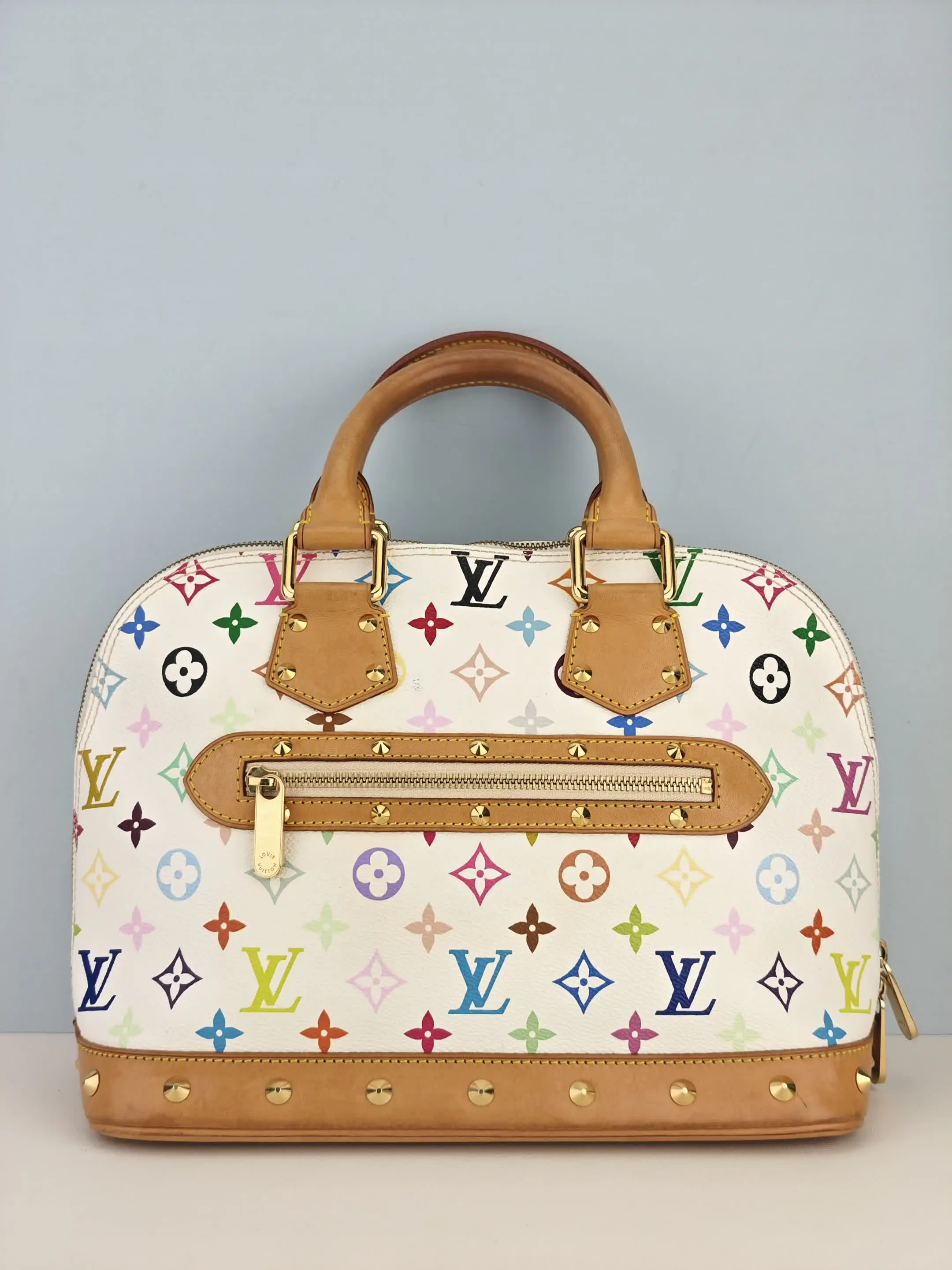 Pre-owned White Monogram Multicolore canvas with natural cowhide trim Clutches & Wristlets Louis Vuitton White Monogram Multicolore Alma PM Handbag【FL0094】