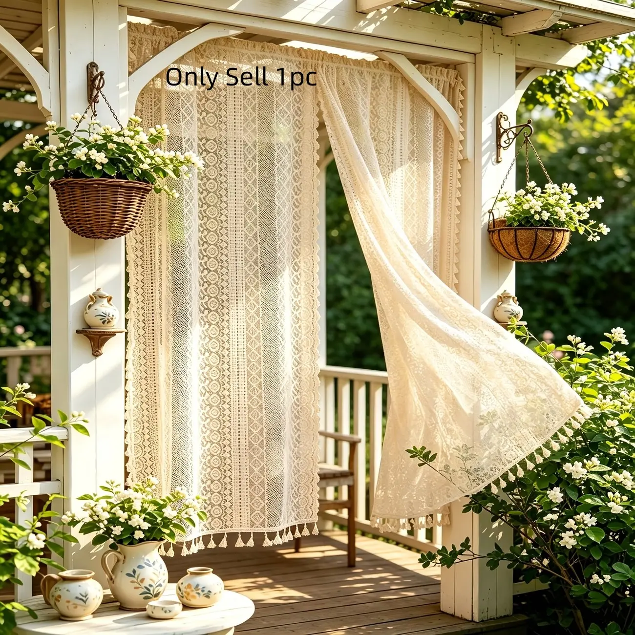 1pc Boho Garden Pavilion Curtain, Lace Sheer Curtain with Fringe, Vintage Courtyard Door Curtain, Outdoor Balcony Window Decor, Outdoor Patio Curtains, Outside Curtains, Curtain for Door