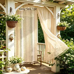1pc Boho Garden Pavilion Curtain, Lace Sheer Curtain with Fringe, Vintage Courtyard Door Curtain, Outdoor Balcony Window Decor