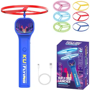 Glow in The Dark Flying Disc Launcher Toys,Rechargeable Spinning Flyer Fidget Toy for Kid & Adults,Interactive Cat Fetch KU Flying Shooter with 6 Spinners for Endless Fun (Blue)
