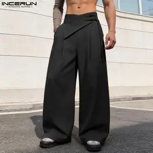 INCERUN Men's Oriental Fusion Wide-Leg Baggy Pants - Minimalist, Plain, Aesthetic, Loose-Fit Menswear Streetwear Trousers