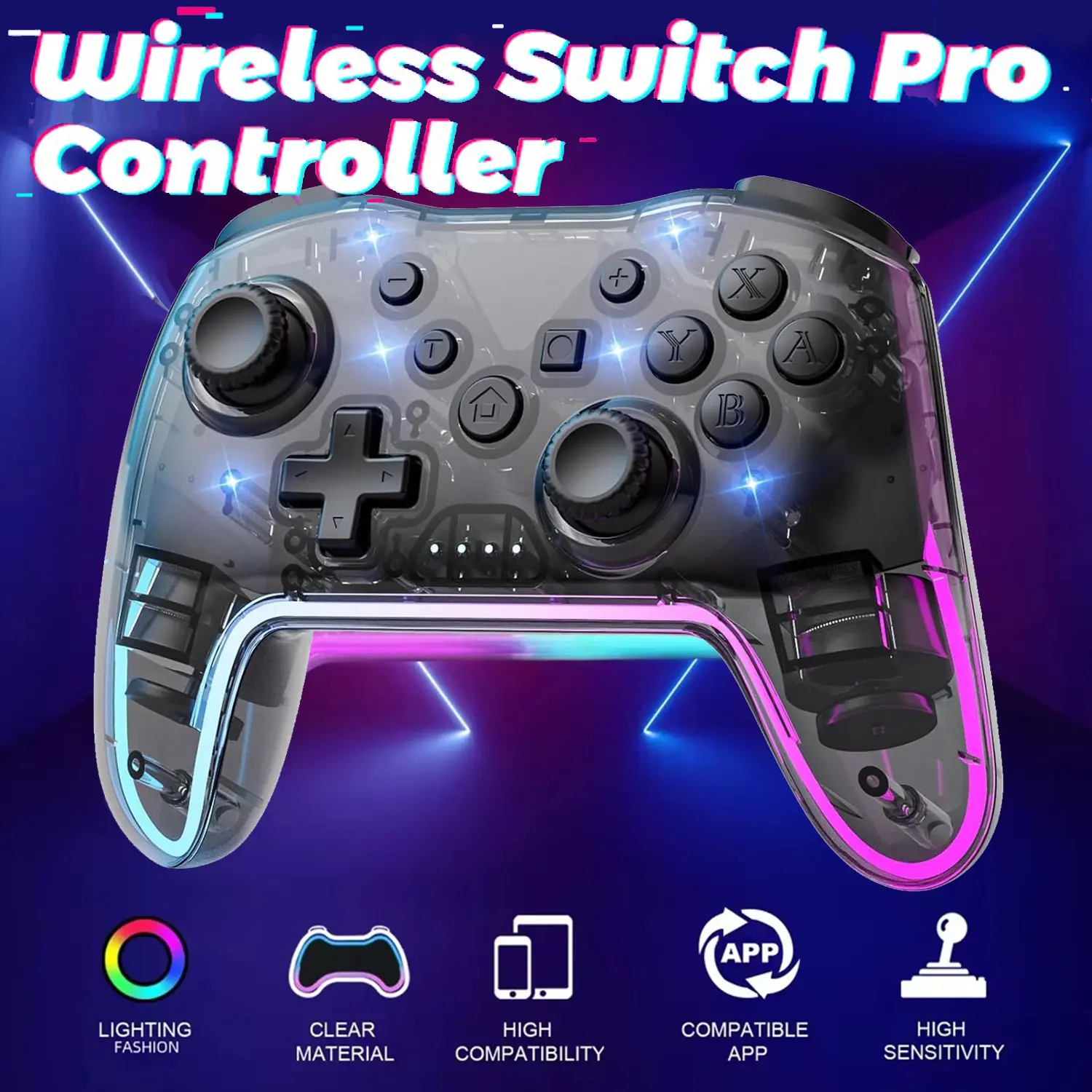 Wireless Game Controller for Switch Lite Oled PC Android iOS, Rechargeable Gaming Joystick with 7 Color RGB Lights and 3D Analog Stick