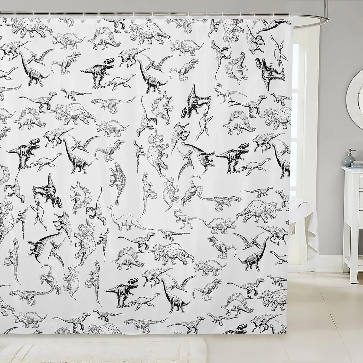 Dinosaur Bath Curtain 3D Digital Print Shower Curtain Decor Jungle Dino Bathroom Shower Curtain Set Wild Animal Black and White Bathroom Accessories