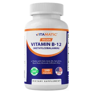 Vitamatic Vegan B12 1000 mcg - Methyl B12 with Folic Acid, Vitamin B6, Spirulina, Beet Root, Broccoli & Brown Rice - Supports Healthy Mood, Energy, Heart & Eye Health - 180 Capsules