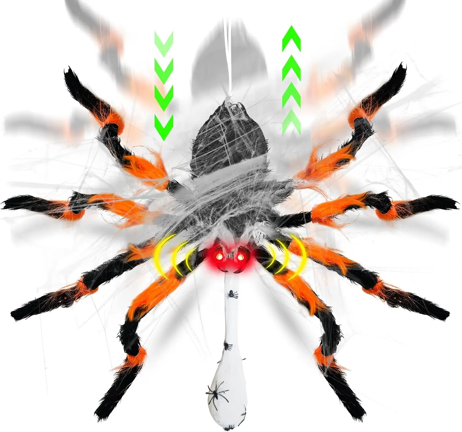 44" Halloween Animatronic Giant Hanging Spider Move Up & Down with Egg Sac | Sound Activated Swinging Body Red Eyes Scary Sounds, Orange Black Spider Halloween Decorations Outdoor Haunted House