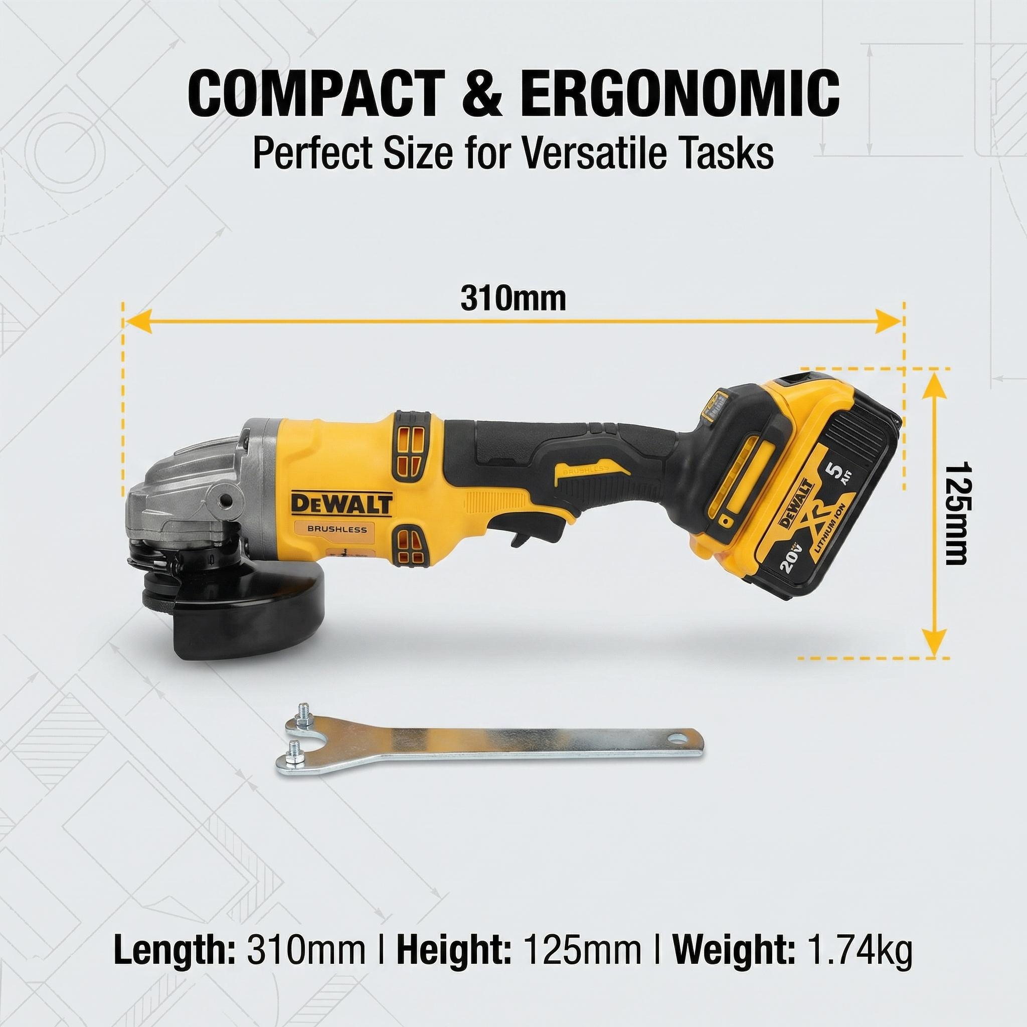 Dewalt DCG405-125 20V Grinder Bundle: Side Slide Switch, 6mm Wheel Thickness, One Battery & Charger