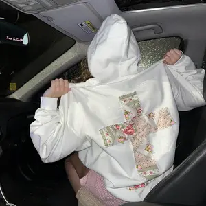 Floral Cross Hoodie – Stylish White Sweatshirt with Floral Back Design – Comfortable, Trendy Hoodie, Casual Fashion Sweatshirt Womenswear Tops