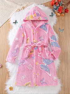 Big children's style full of colorful butterfly flowers, night light plush sleeping robe for girls and boys, soft and comfortable, skin friendly with small pockets on both sides, waist belt, hood, thick robe, autumn winter styles, Floral Print Pajamas