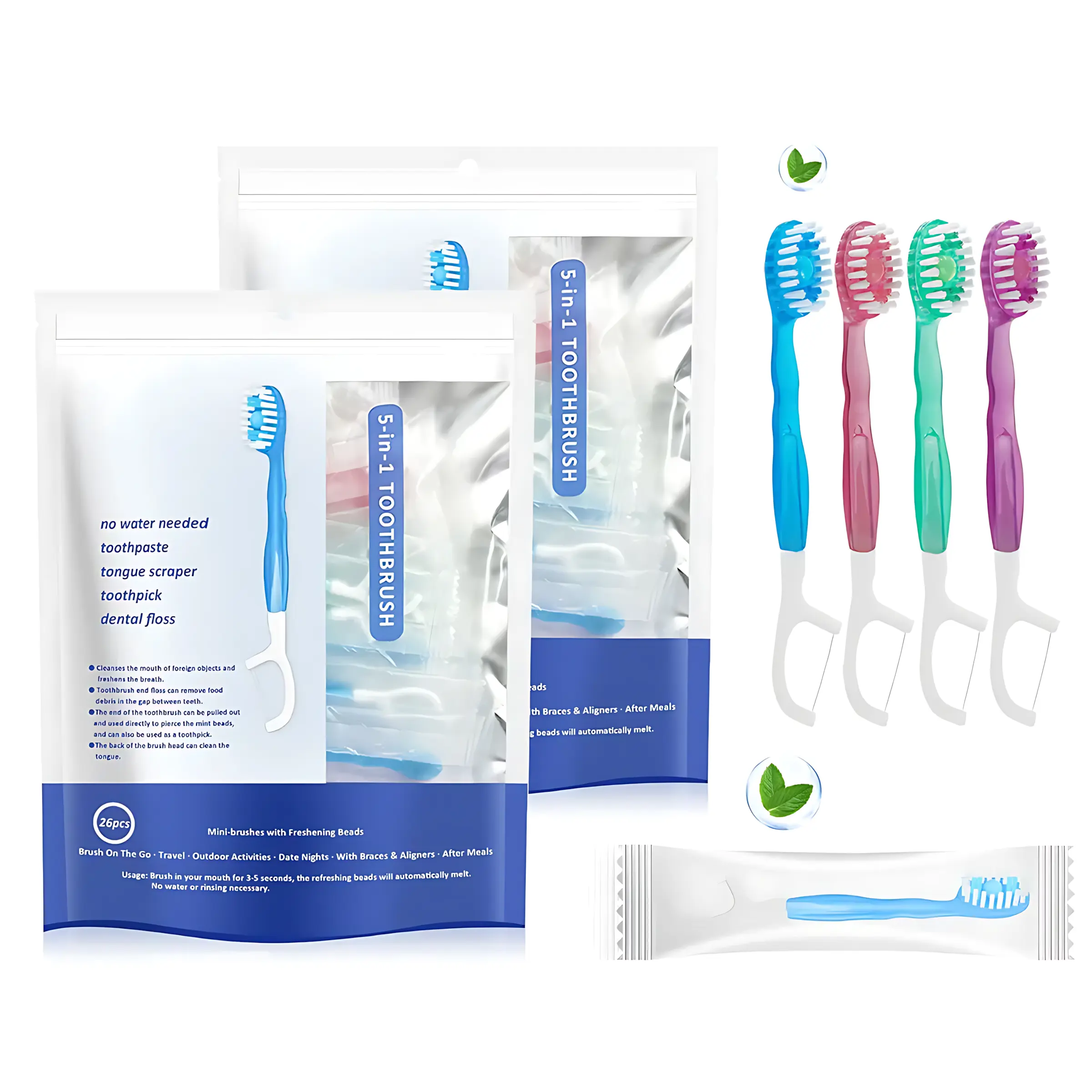 【tialexa】26pcs 5-in-1 Toothbrush Set – Mini Disposable Travel Toothbrush Kit with Floss, Tongue Scraper, Toothpick & Built-In Toothpaste. Individually Wrapped Soft Bristle Oral Care Set for Fresh Breath, Work, Travel, Business Trips & Daily Hygiene