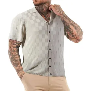 GINGTTO Men's Plain Plaid Polo Shirts Short Sleeve Collared Shirts Slim Fit Cardigan Button Down