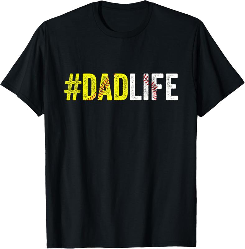 Dad Life Softball Daddy Baseball Sports Lover Father's Day Men's Letter Print Solid Round Neck Tee, Regular Fit Casual Short Sleeve T-shirt, Graphic Summer Outfits, Daily Outdoor