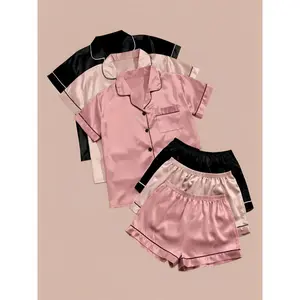 Women's Solid Satin Pyjama Set, Short Sleeve Button Front Lapel Shirt & Contrast Binding Shorts PJ Set, Summer Sleepwear Set Matching Casual Pajamas Loungewear Womenswear women's pajamas set